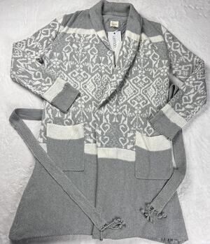 Lemon Brand Gray & White Lined Belted Long Cardigan Sweater Women's Small/Medium